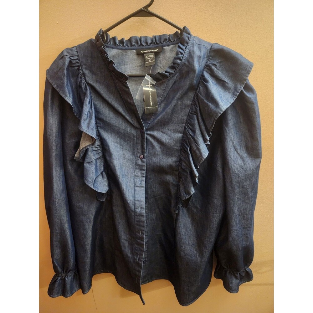 Ashley Stewart Ruffle Chambray Long Sleeve Shirt Plus Size 14 NWT